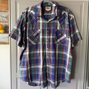 ELY Cattleman Vintage Western Plaid Pearl Snap Cuffed SS Shirt,Blue Green Red,XL